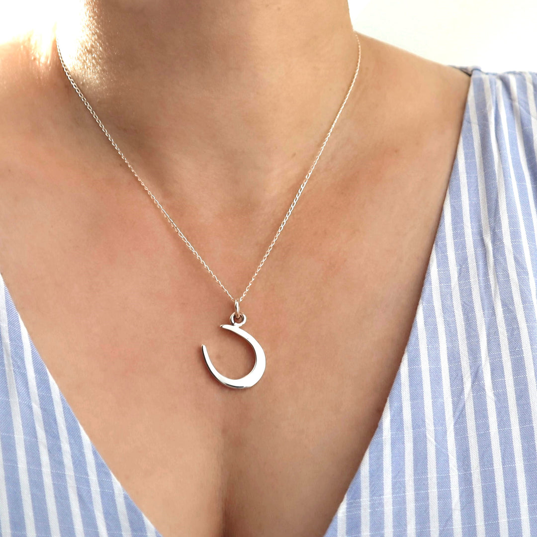 A woman in a blue stripe top wearing a large silver horseshoe pendant and chain necklace. 