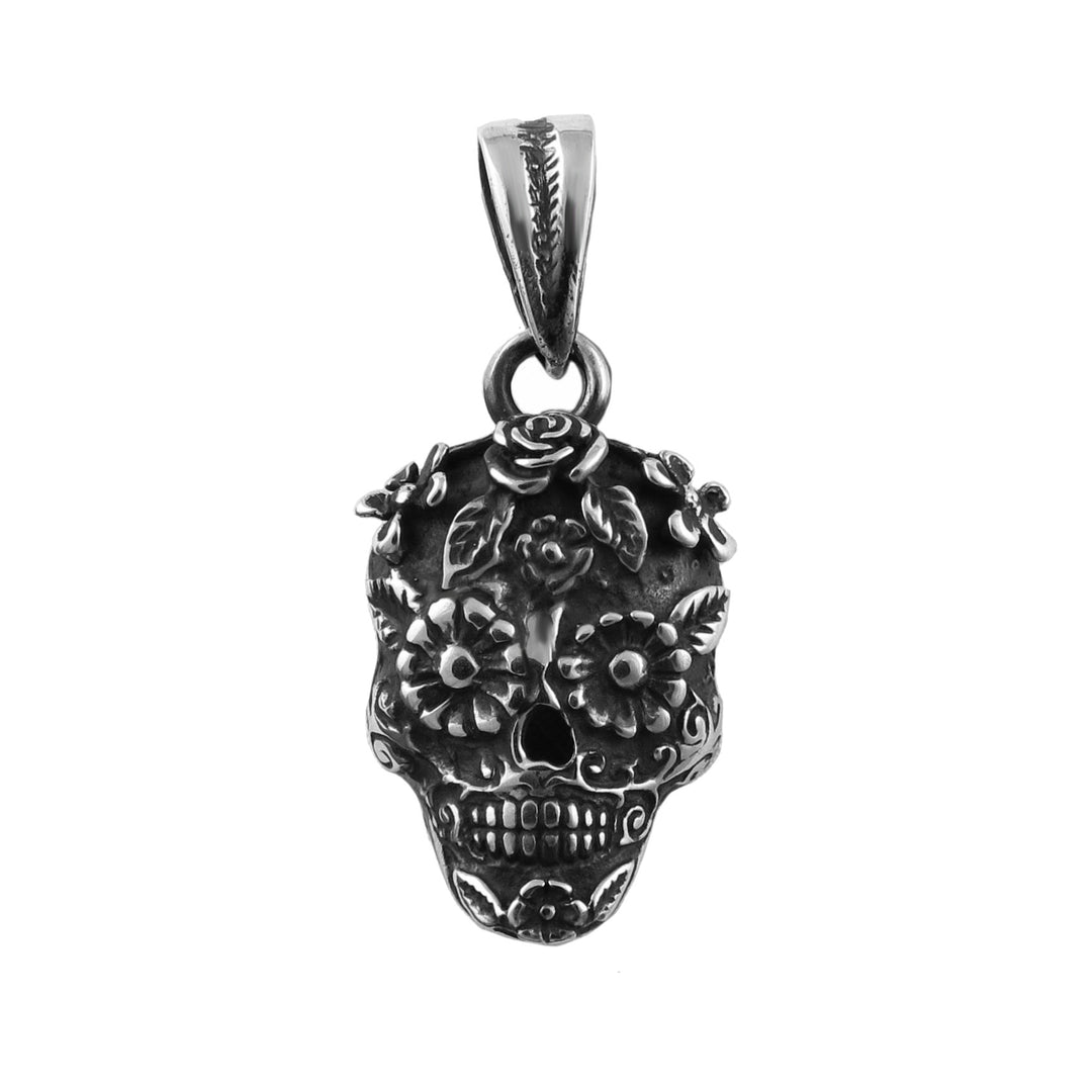 Mexican Day of the Dead Sterling Silver Skull and Flowers La Catrina Pendant