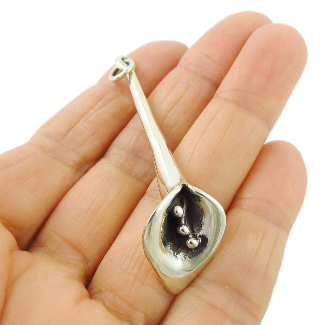 Long Calla Lily Flower 925 Sterling Silver Pendant Necklace