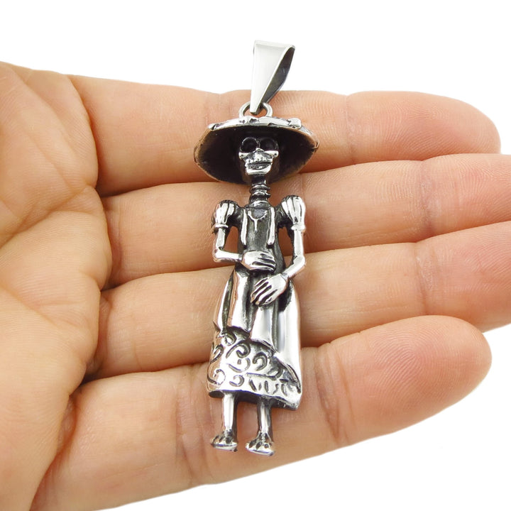 Day of the Dead Sterling Silver Lady Skeleton Pendant Necklace