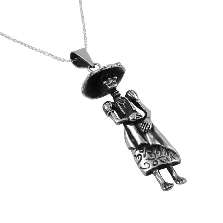 Day of the Dead Sterling Silver Lady Skeleton Pendant Necklace