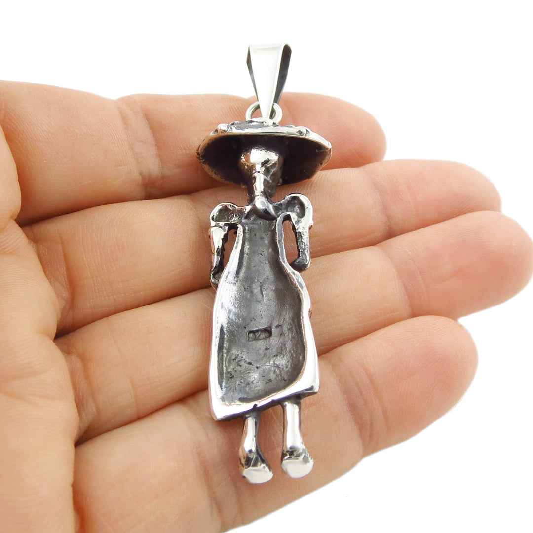 Day of the Dead Sterling Silver Lady Skeleton Pendant Necklace