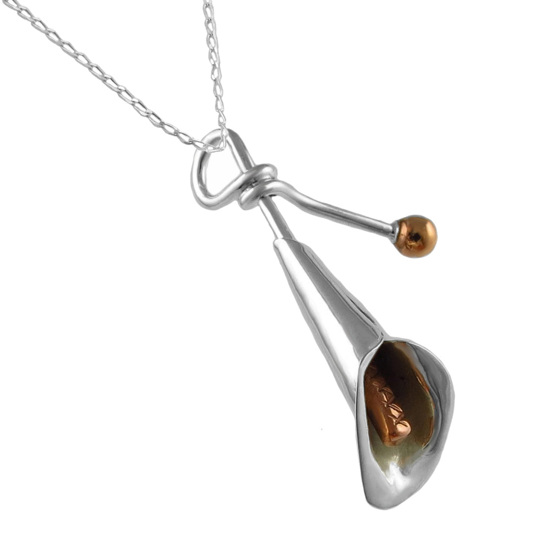 A sterling 925 silver and copper mixed metal calla lily pendant necklace with a small copper accent on the stem, shown against a plain white background.