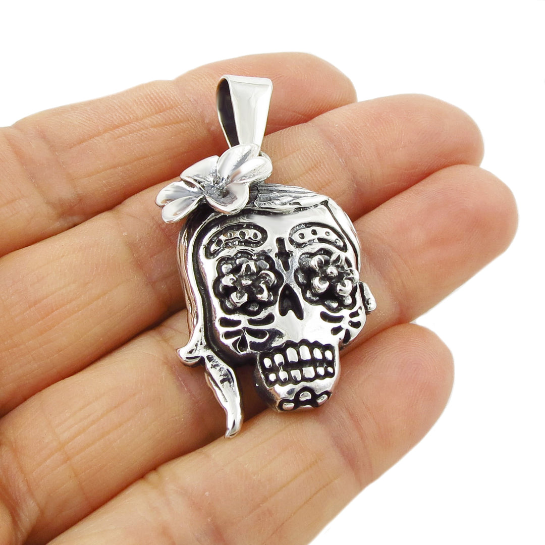 Mexican Day of the Dead 925 Sterling Silver Skull and Flowers Pendant Necklace
