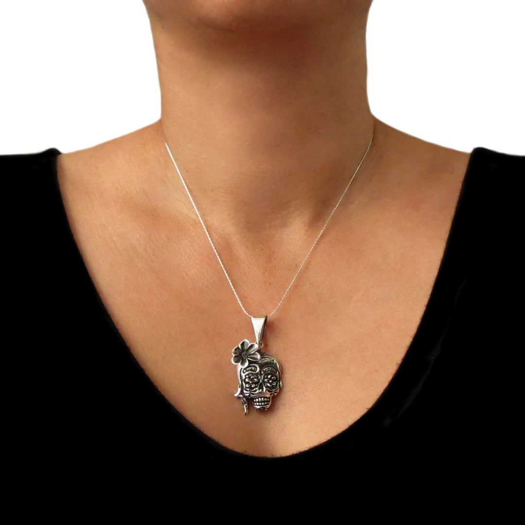 Mexican Day of the Dead 925 Sterling Silver Skull and Flowers Pendant Necklace