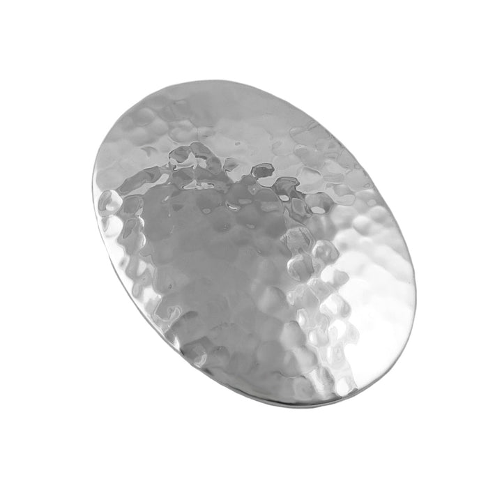 Silver oval UK hallmarked sterling 925 silver pendant for women with a textured surface on a white background