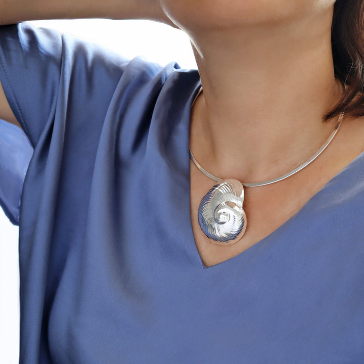 Large Sterling Silver Nautilus Seashell Pendant Necklace