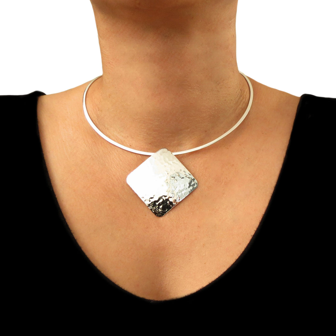Large Sterling Silver Square Hammered Pendant Necklace
