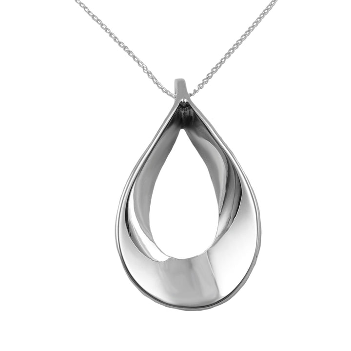 Silver teardrop pendant on a chain against a white background