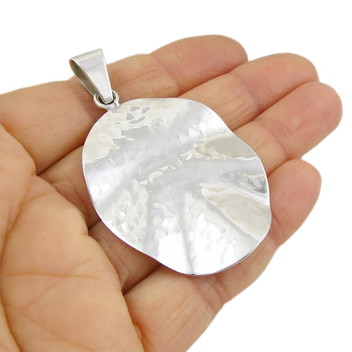 Large Hammered Silver Oval Pendant Necklace