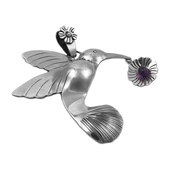 Sterling Silver Hummingbird and Amethyst Flower Pendant