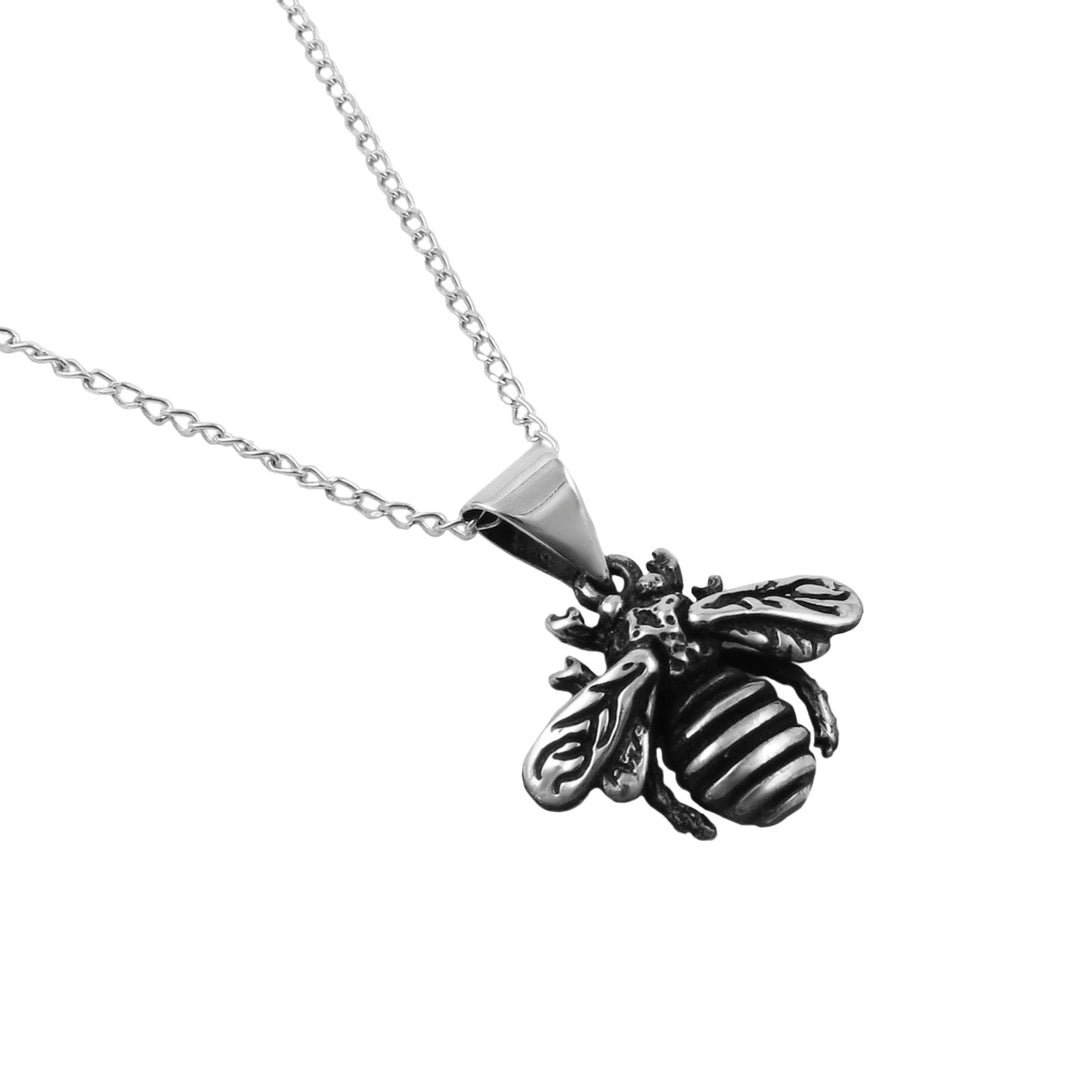 A sterling 925 silver bee pendant necklace with a detailed striped body and textured wings, suspended from a delicate link chain against a plain white background.
