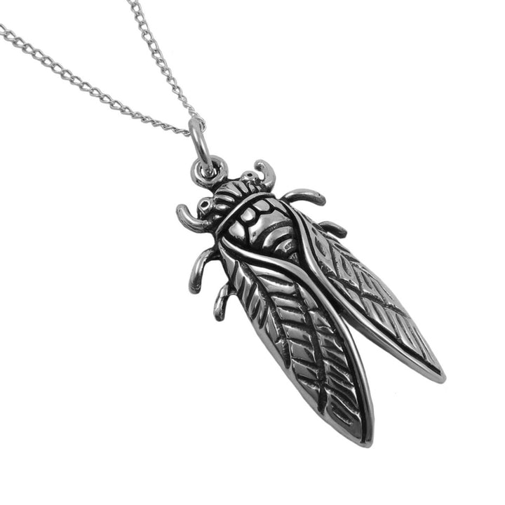 A sterling 925 silver cicada pendant necklace on a matching silver chain, shown against a plain white background.