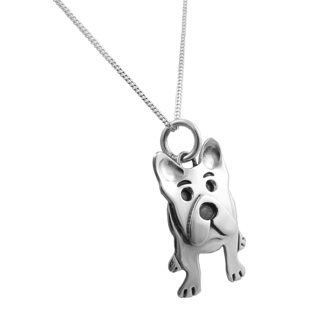 A sterling 925 silver pendant necklace featuring a stylised French bulldog animal dog hanging from a 925 silver curb link chain, shown against a plain white background.