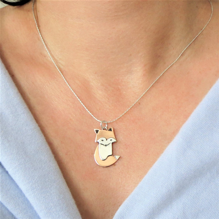 Copper and 925 Silver Fox Pendant Necklace