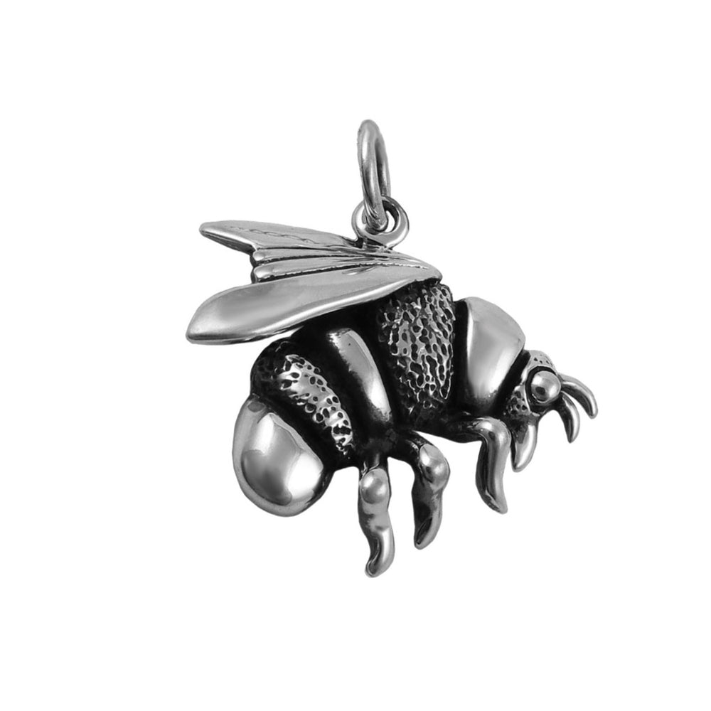 Large sterling 925 silver bee pendant jewellery with a polished and antiqued finish on a white background