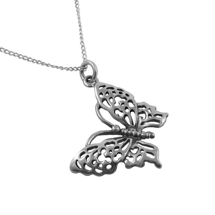 Large 925 sterling silver butterfly pendant on a chain necklace against a white background