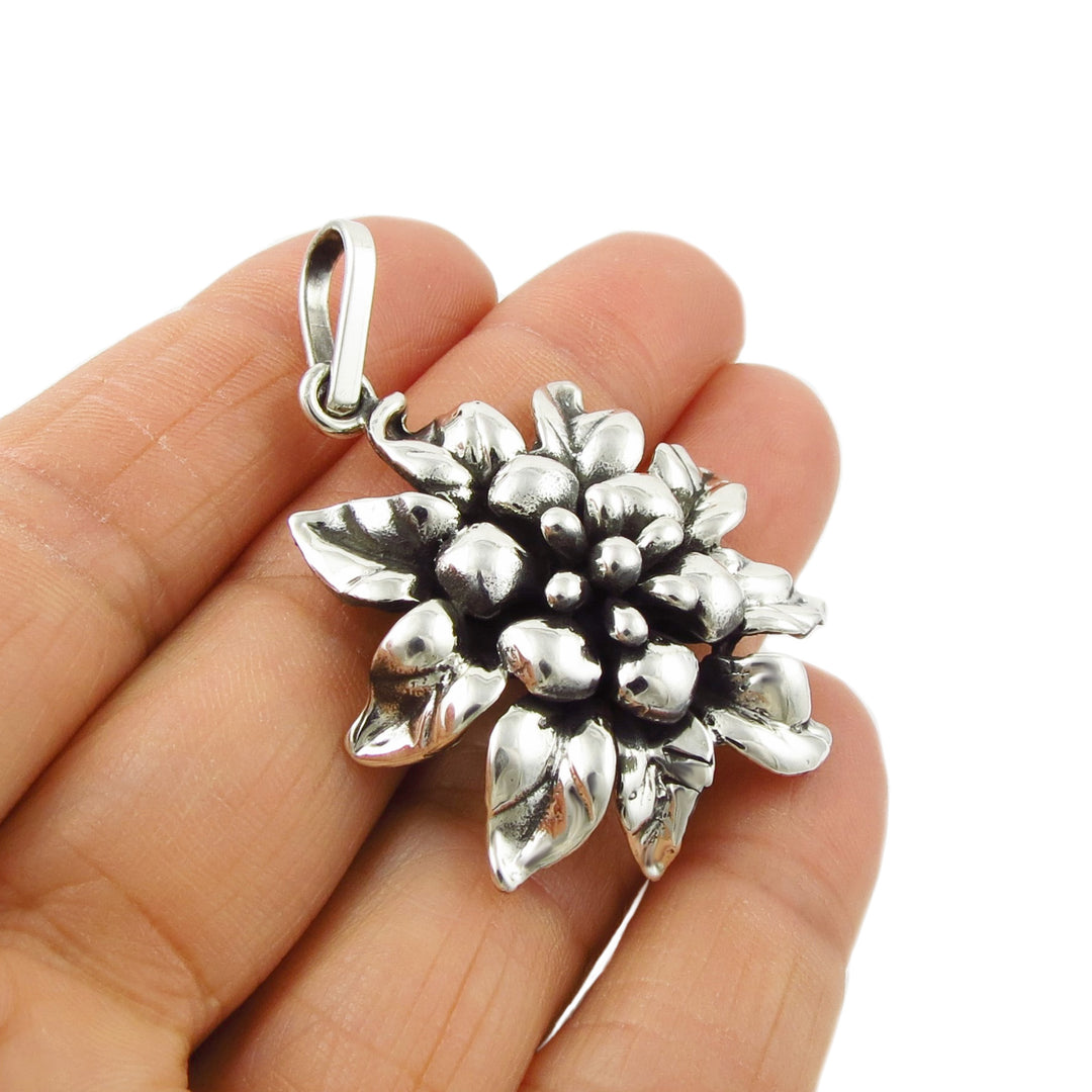 Large Chunky Flower 925 Sterling Silver Pendant Necklace
