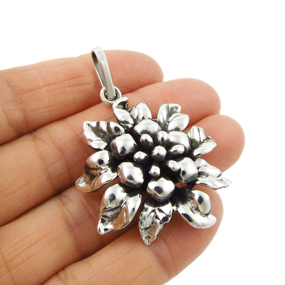 Large Chunky Flower 925 Sterling Silver Pendant Necklace