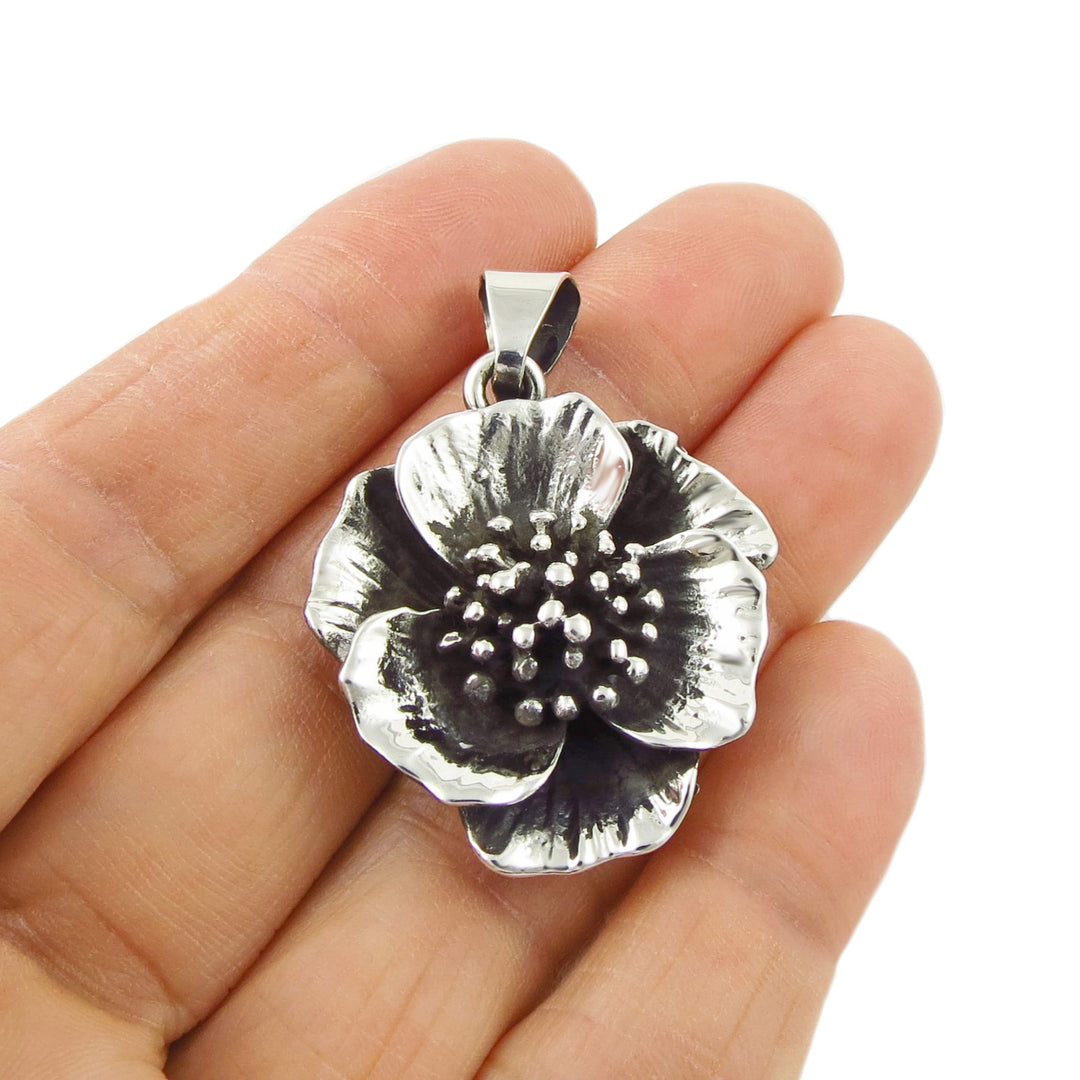 Large Flower 925 Sterling Silver Pendant Necklace