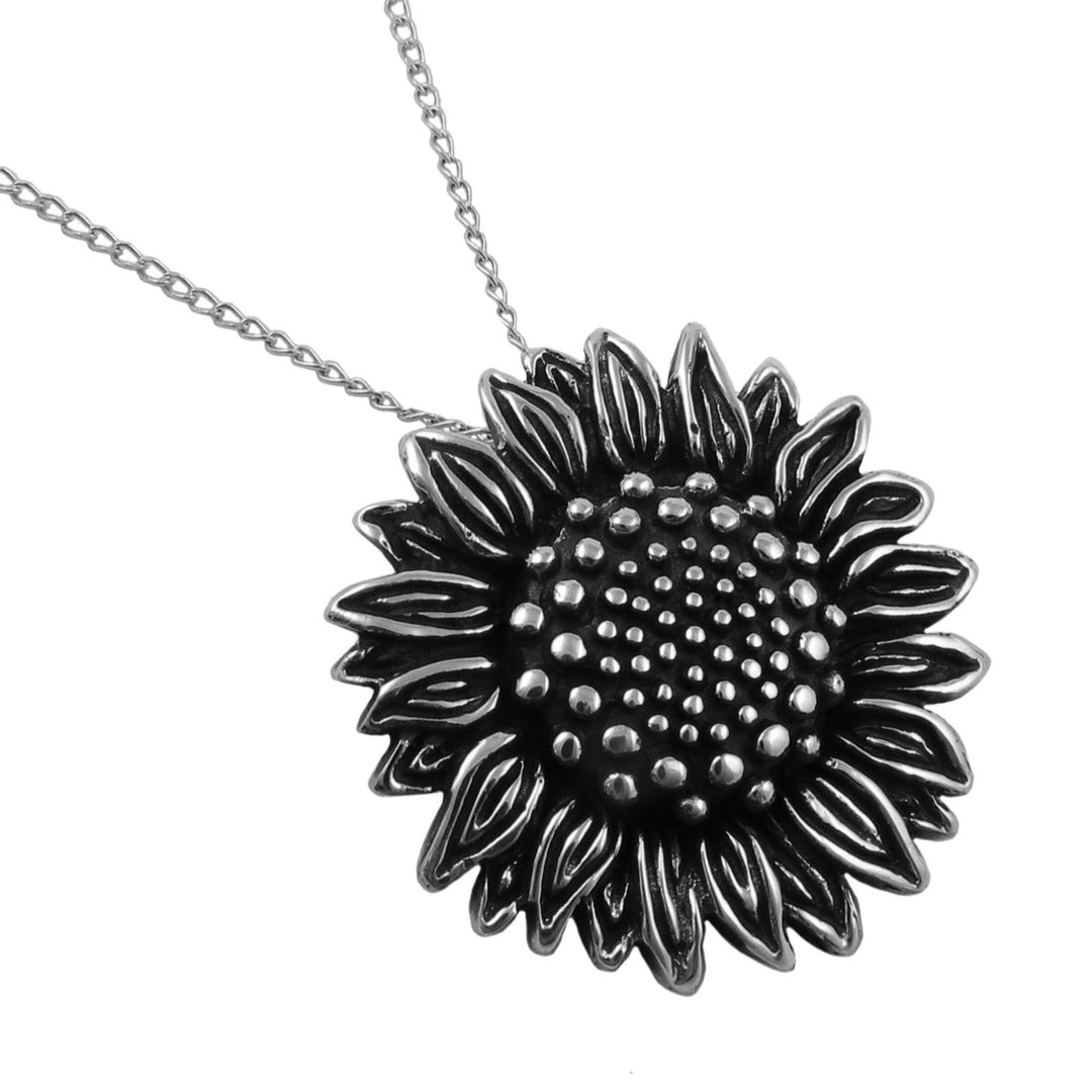 A large sterling 925 silver sunflower pendant necklace with a textured center and chain, shown on a plain white background.