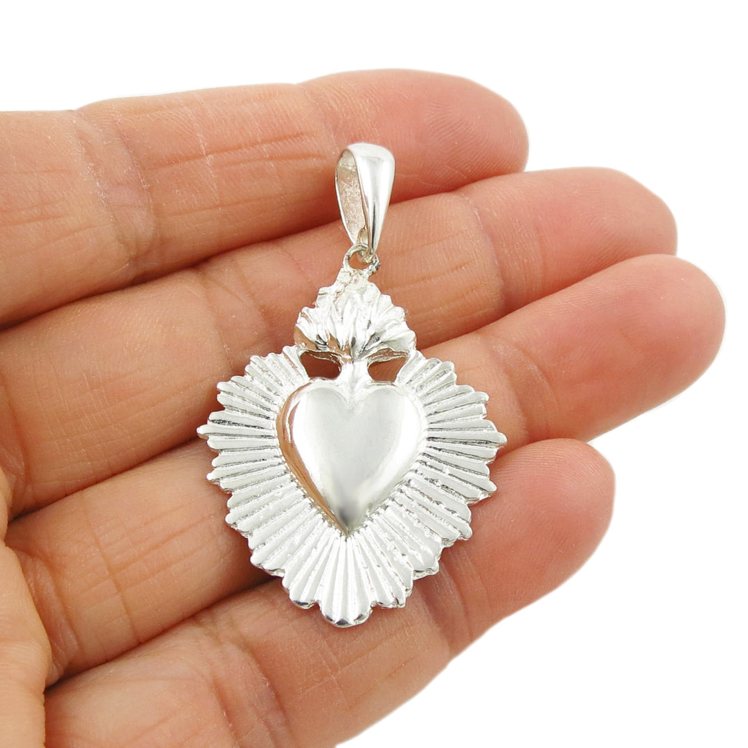 Flaming Heart Ex Voto Silver Pendant Necklace