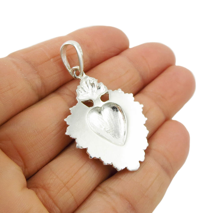 Flaming Heart Ex Voto Silver Pendant Necklace