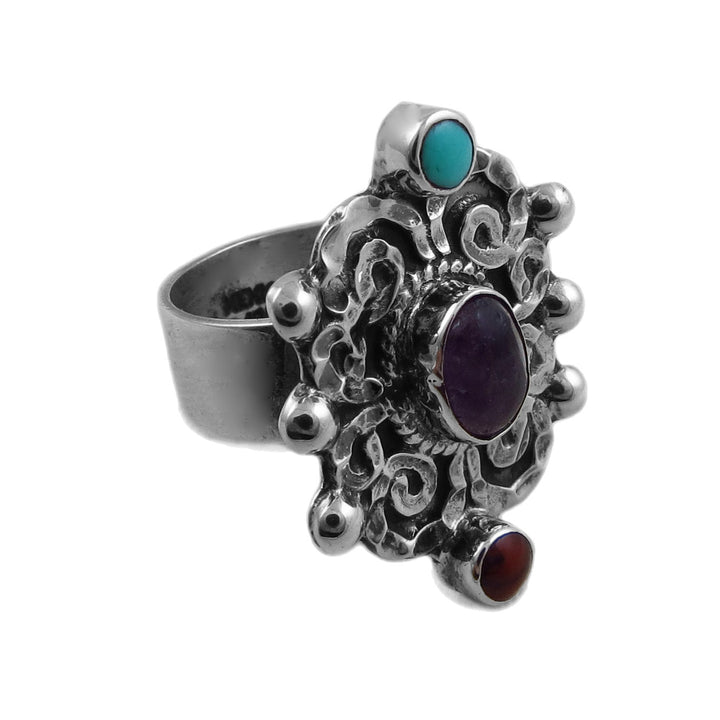 Large 925 Sterling Silver and Gemstone Scrollwork Ring