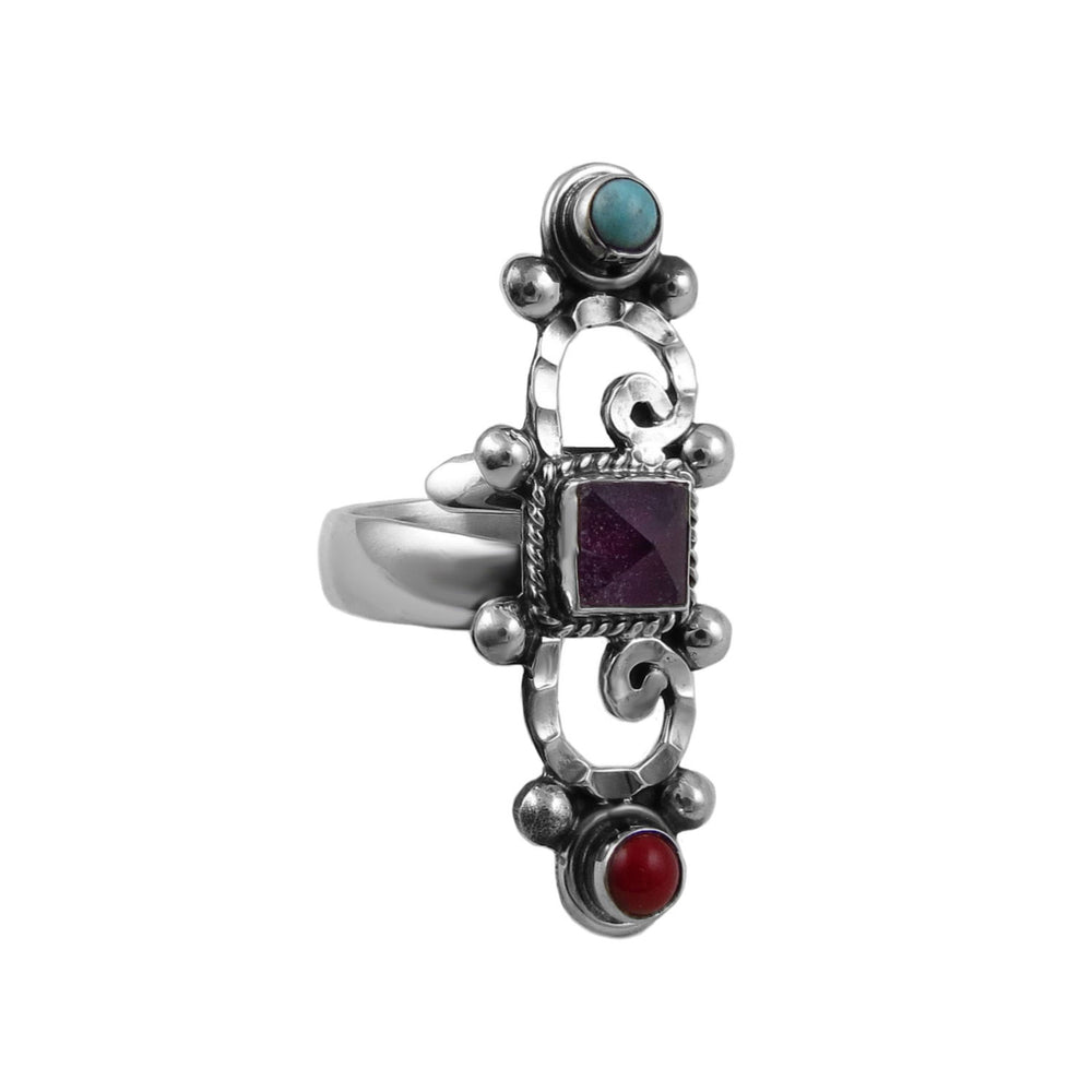 Sterling 925 silver baroque style gemstone ladies cocktail ring on a white background. 