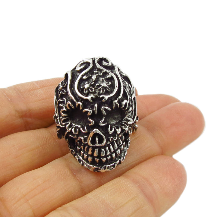 Wide Skull Head 925 Sterling Silver Rockabilly Bikers Ring