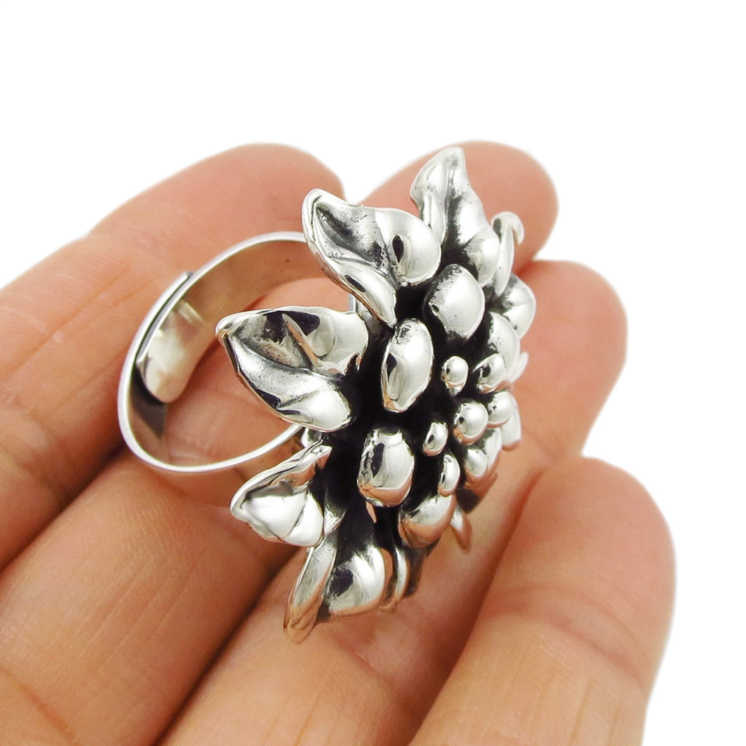 Handmade Large Flower Sterling Silver Adjustable Size Ring