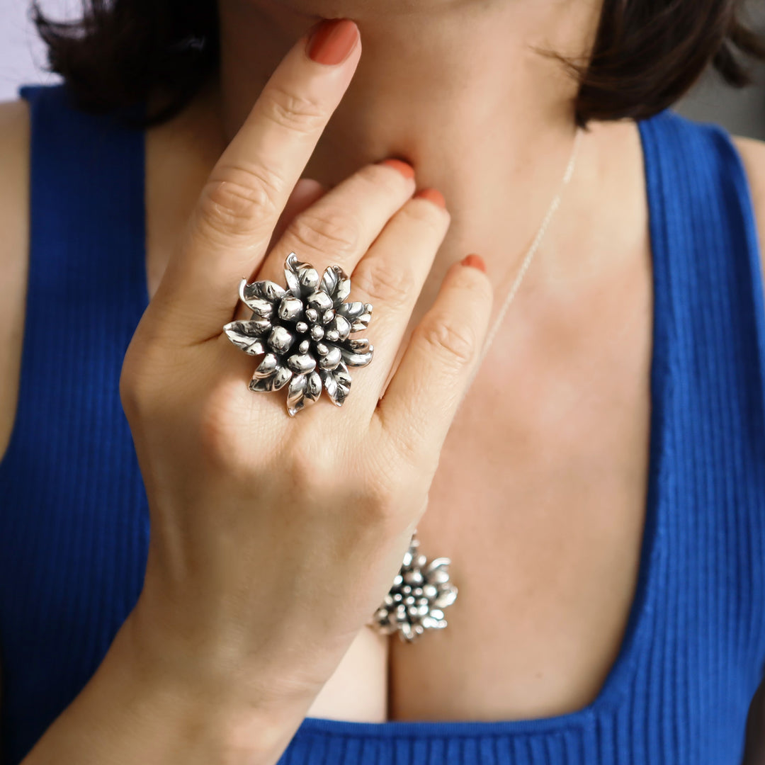 Handmade Large Flower Sterling Silver Adjustable Size Ring