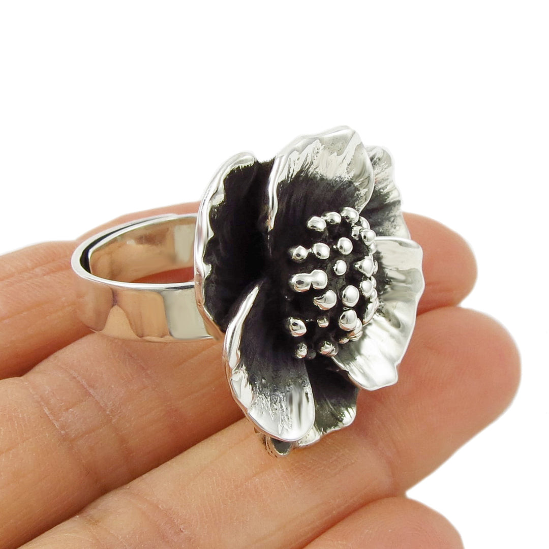 Chunky 925 Sterling Silver Poppy Flower Ring