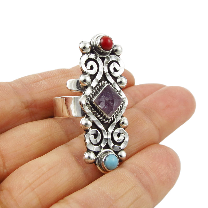 Amethyst and Sterling Silver Scrollwork Baroque Ring