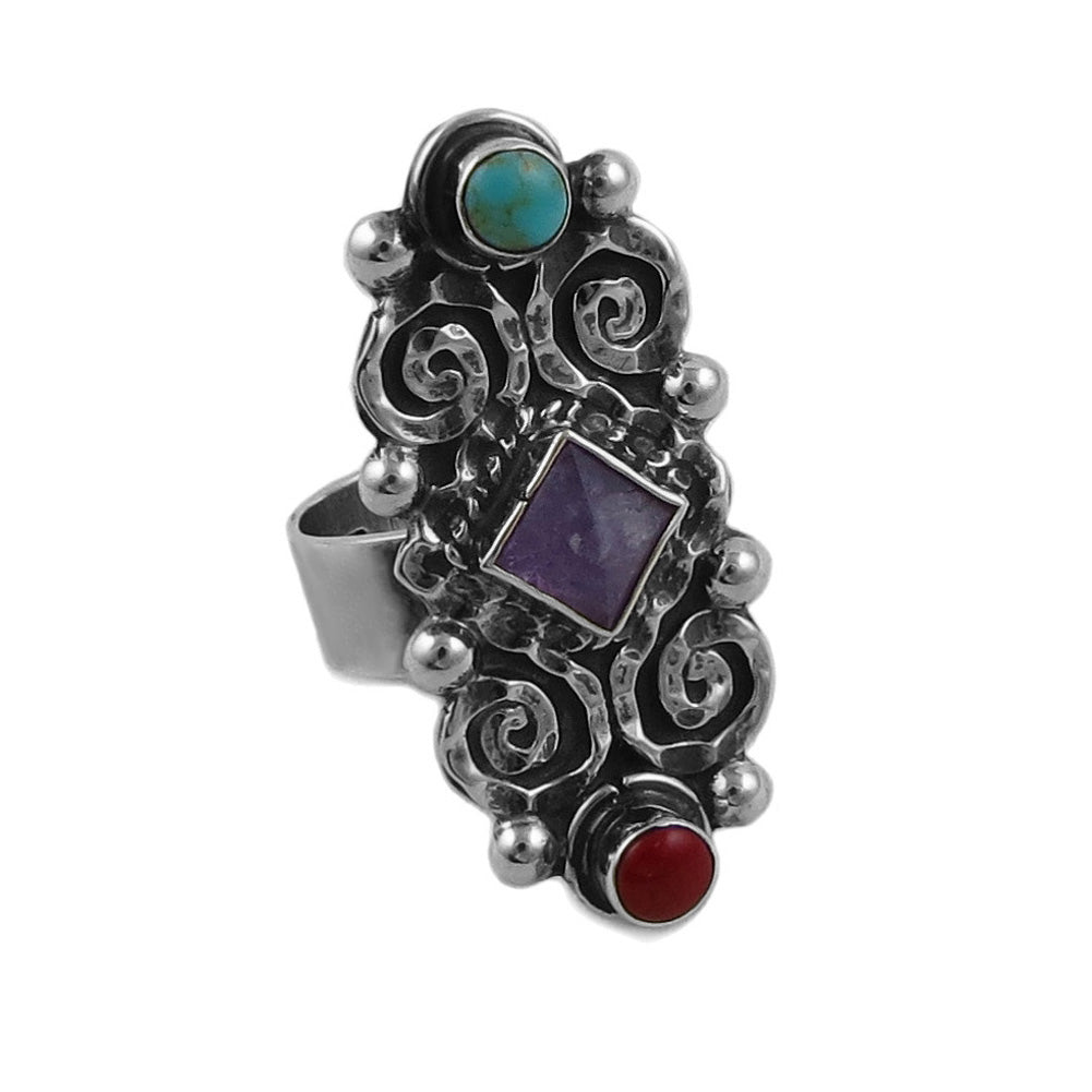 Amethyst and Sterling Silver Scrollwork Baroque Ring