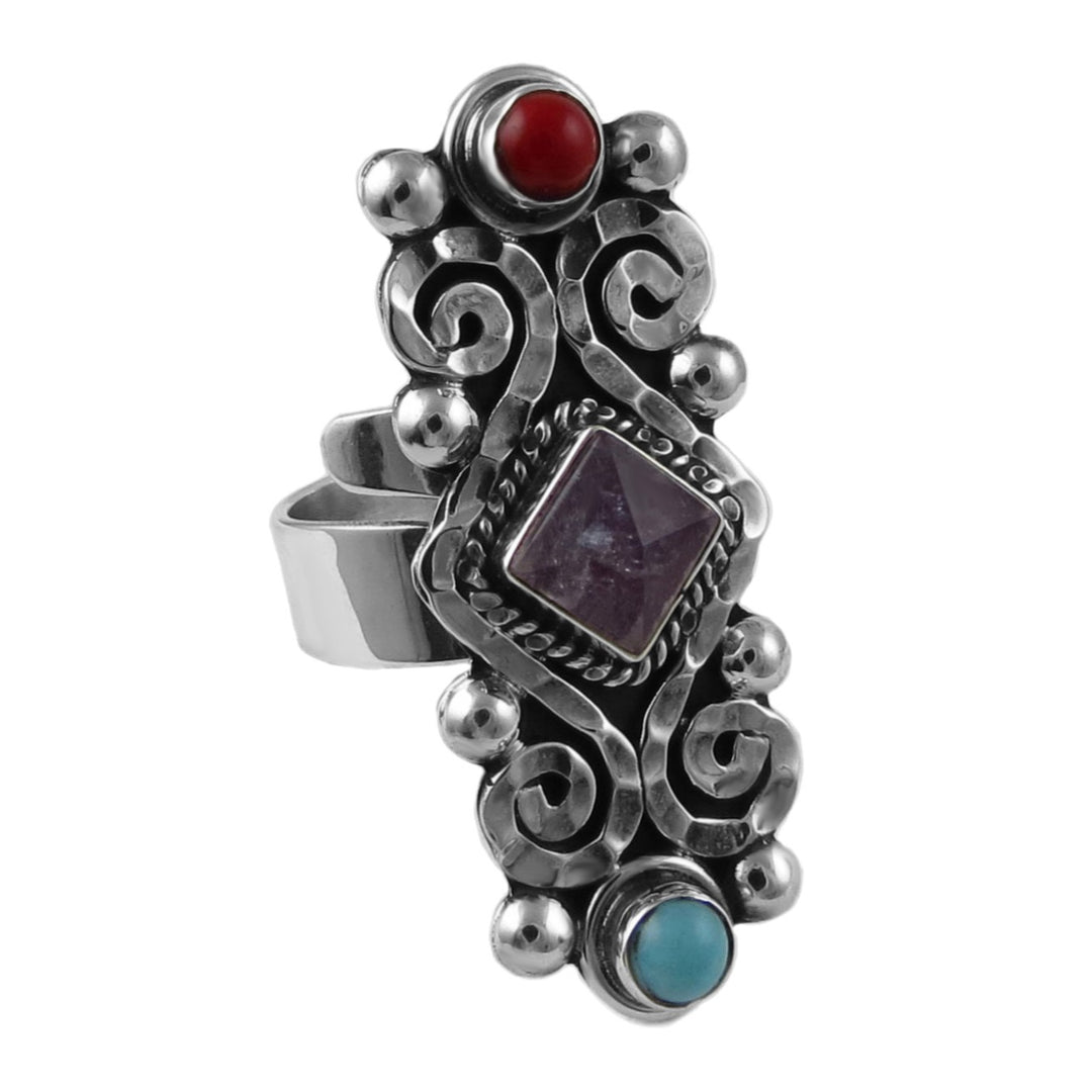 Amethyst and Sterling Silver Scrollwork Baroque Ring