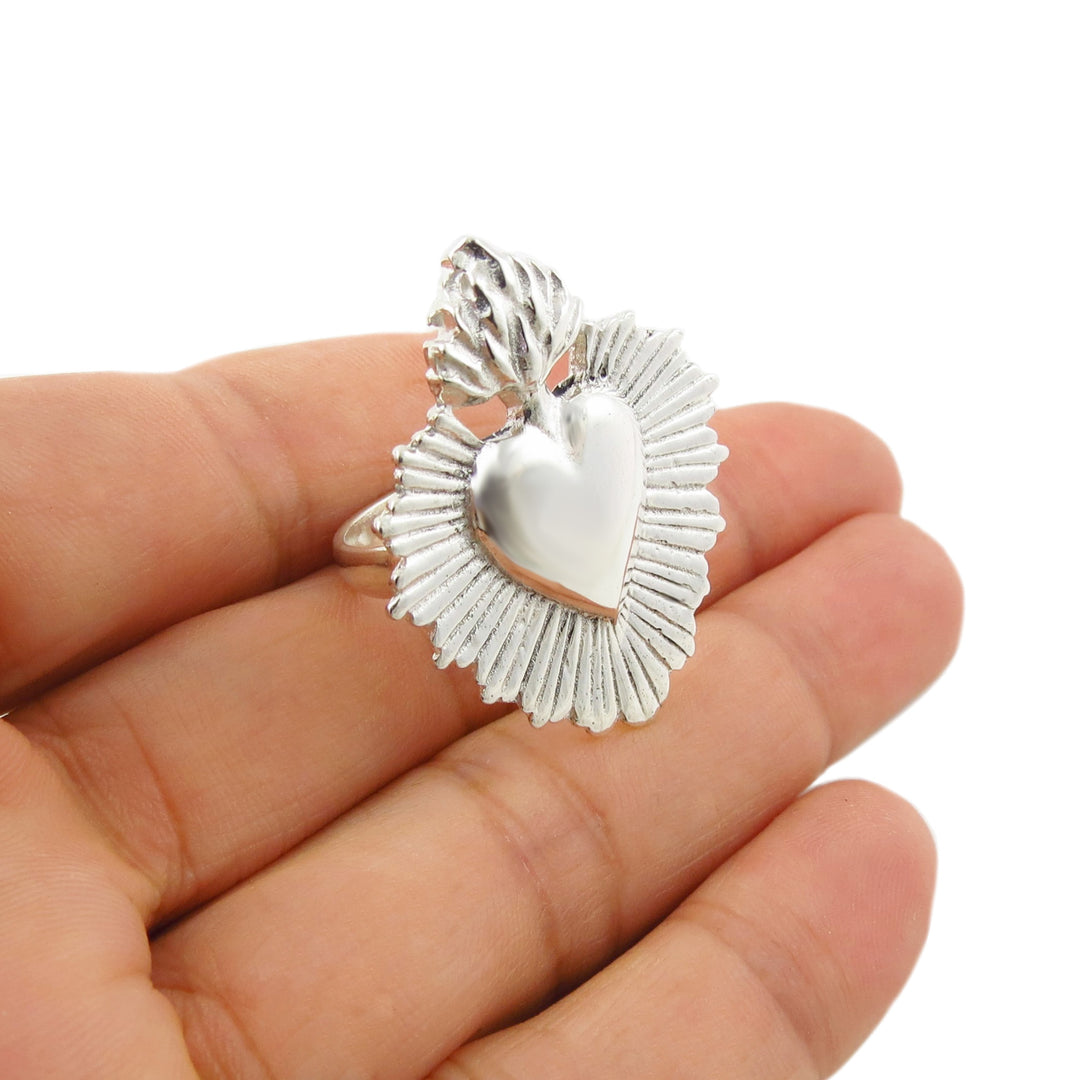 Flaming Sacred Heart Sterling Silver Ring