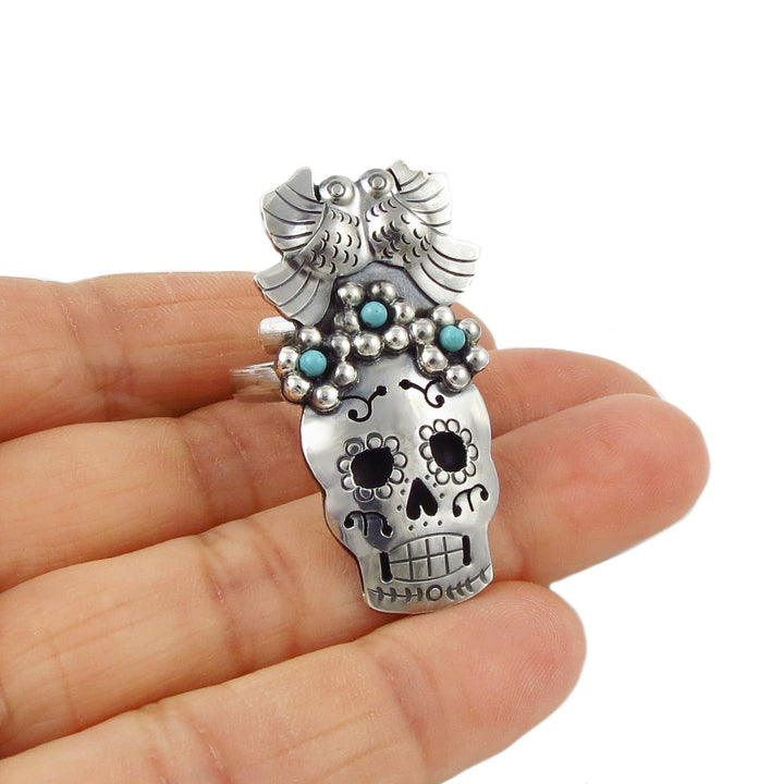 Day of the Dead Sterling Silver Sugar Skull and Flowers Ring