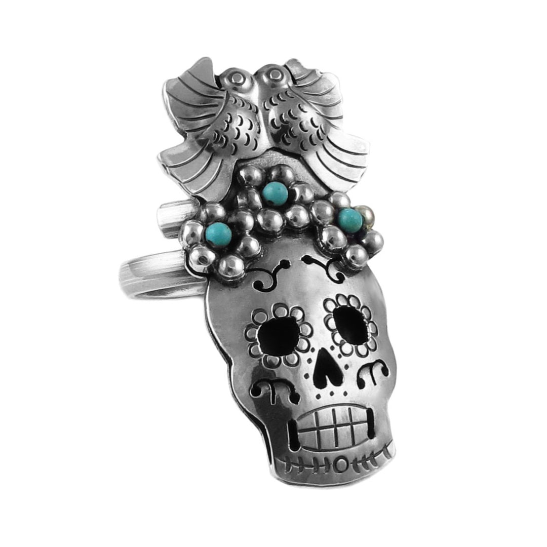 Day of the Dead Sterling Silver Sugar Skull and Flowers Ring