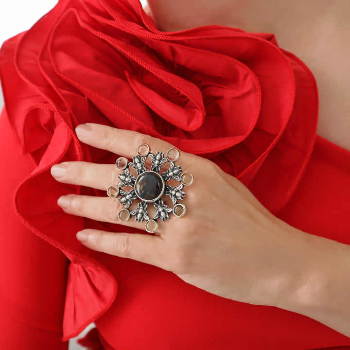 Queen Bee Amber Cocktail Ring in Sterling Silver