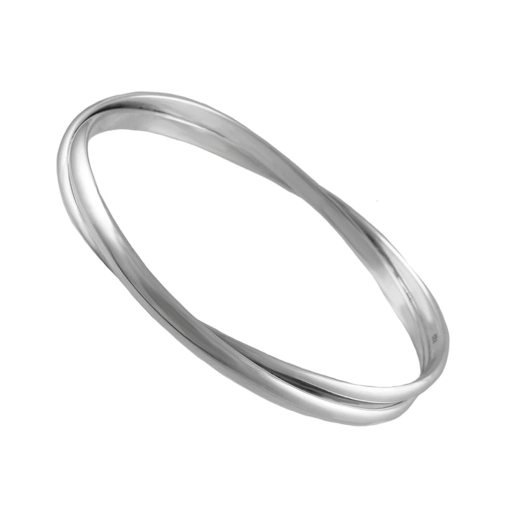 A large double interlocking infinity oval bangle in polished UK 925 sterling silver on a white background