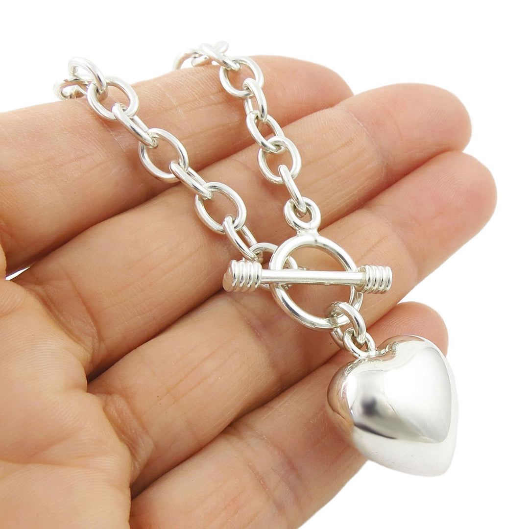 Three Dimensional Puffy Heart and Chain Sterling Silver Bracelet