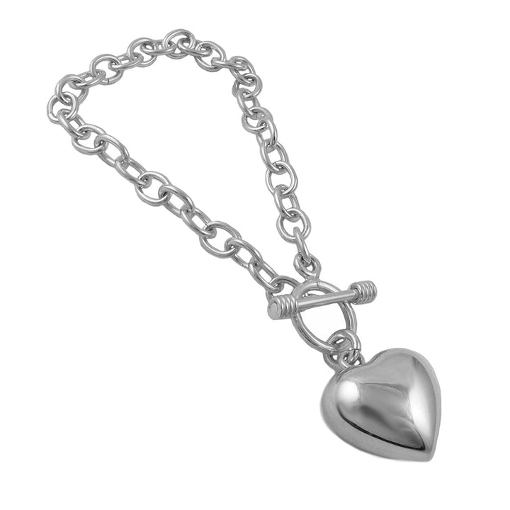 Three Dimensional Puffy Heart and Chain Sterling Silver Bracelet