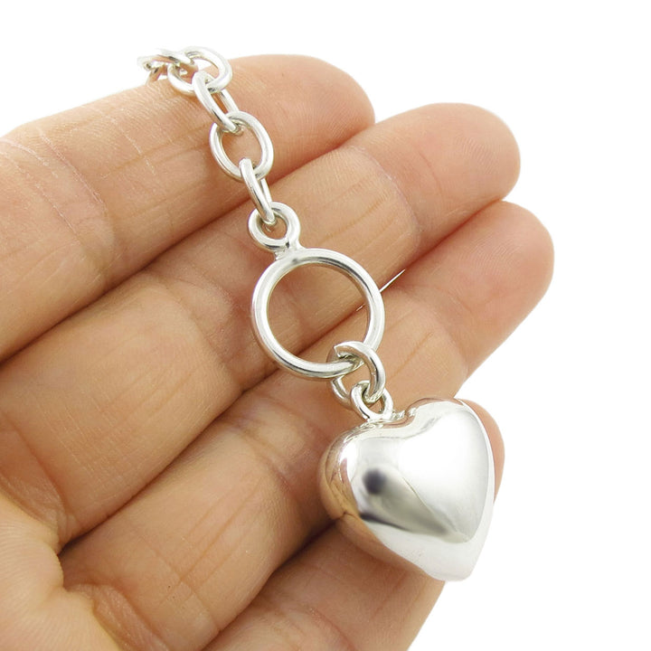 Three Dimensional Puffy Heart and Chain Sterling Silver Bracelet