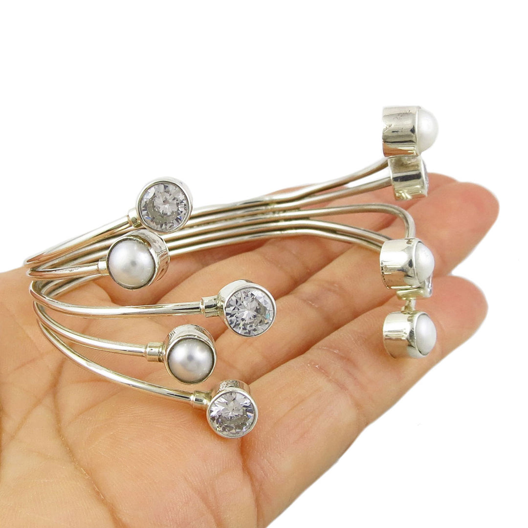 Crystal and Pearl Sterling Silver Clamp Bracelet