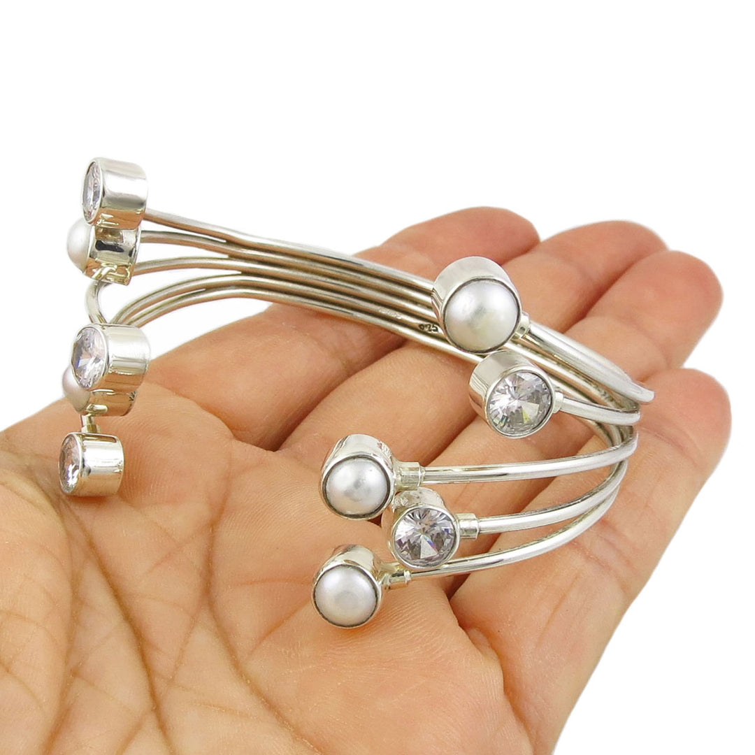 Crystal and Pearl Sterling Silver Clamp Bracelet