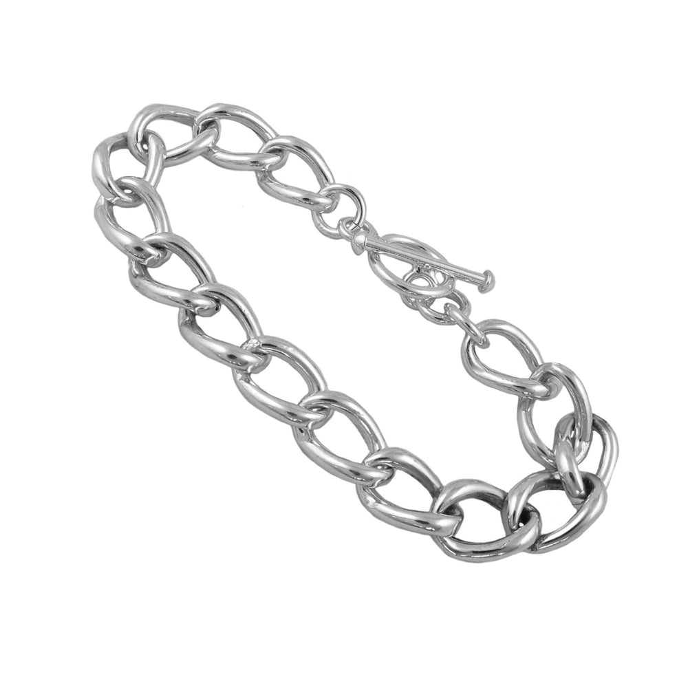 A silver curb chain chunky bracelet with a polished finish, wrought into tubes of varying lengths, displayed against a white background.