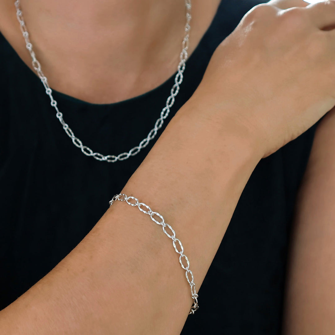 Ladies Hammered Sterling Silver Chain Link Bracelet