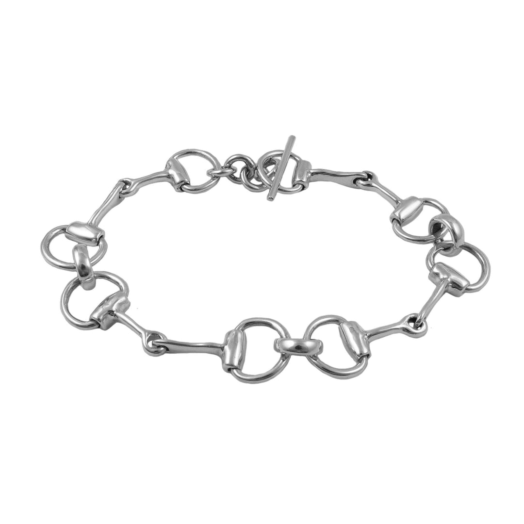 Silver bridle bit bracelet on a white background