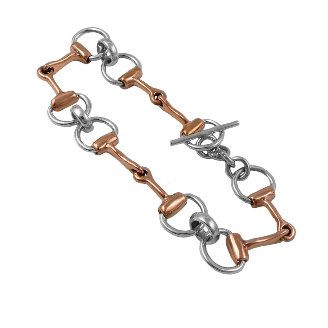 Bracelet with interlocking copper and silver links on a white background